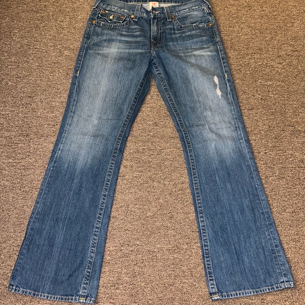 True Religion vintage Rhinestone Flap Pocket bootcut Lowrise jeans 34 x 32